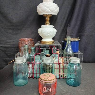 White Milk Glass Table Lamp W/ Vintage & Antique Glassware
