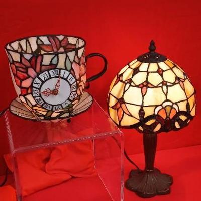 Rare Tea Cup Tiffany Style with Clock & Tiffany Style Table Lamp