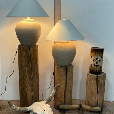 Rustic Log Stands, Lamps, And Steer Skull