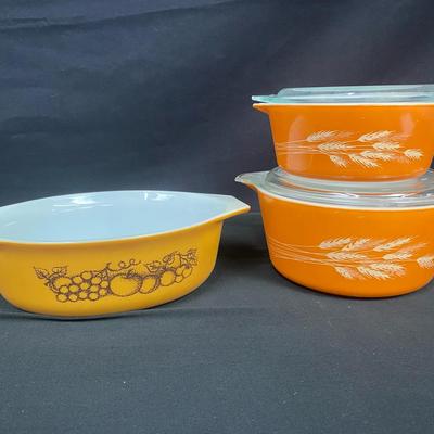Vintage Pyrex Golden Wheat and Old Orchard Casserole Dishes