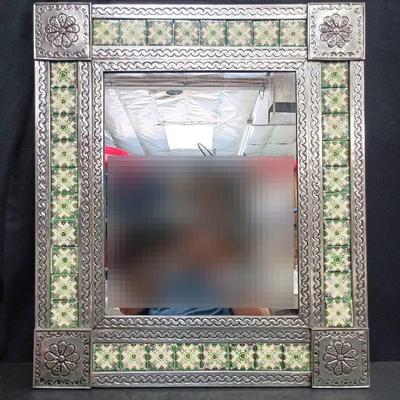 Green Talavera Tile And Punched Tin Framed Wall Mirror