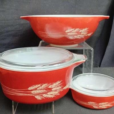 3pc Pyrex "Autumn Harvest Rust Wheat" Mixing Bowl/Casserole Set