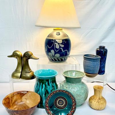 Ceramic Blue Lamp, Vases, Cherry Wood Bowl & More