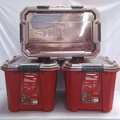3 Husky 20-Gallon Professional Duty Storage Containers