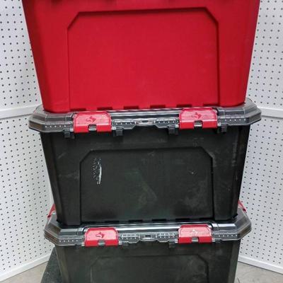 Trio Of Husky 20 Gallon Pro Duty Storage Containers, Black/Red