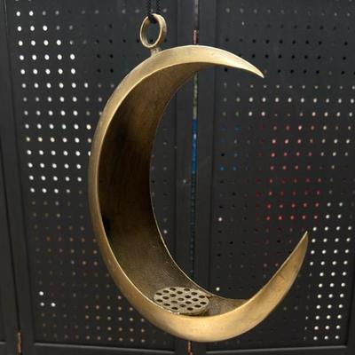 Vintage Brass Crescent Moon Hanging Flower Vase 