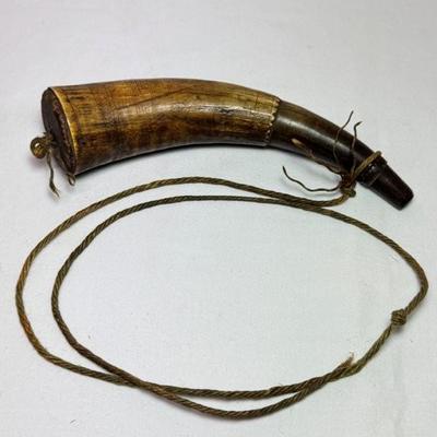 Sale Photo Thumbnail #87: RARE Pre Revolutionary scrimshaw powder horn with tall ship & foliage hand carved design design, original patina , exceptional condition considering its age and use, 9 1/2"
