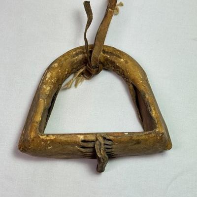 Sale Photo Thumbnail #86: Very RARE antique Native American Indian wood and buffalo sinew stirrup, 6 1/2" x 6"
