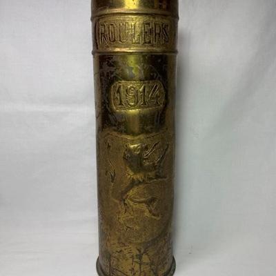 Sale Photo Thumbnail #75: WWI brass shell casing trench art vase, repousse and chase decoration, Roulers 1914 over lion rampant, ruffled edge, 15”
