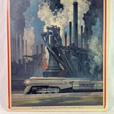 Sale Photo Thumbnail #215: RARE Leslie Ragan (1897-1972) “The 20th Century Limited Speeding Through the Heart of Industrial America” 1943 calendar back, shrink wrapped on foam matte board, 16” x 19”