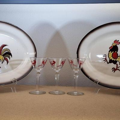 Vintage Rooster Serving Platters and Cocktail Glasses - Set of 7