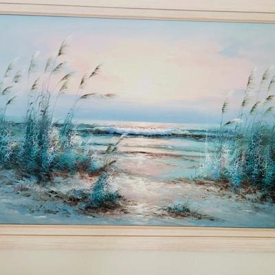 Vintage Coastal Seascape Pink Sunset Breaking Waves Oil on Canvas Painting Signed 