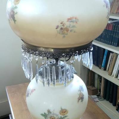 Mid Century Hurricane Lamp Hollywood Regency Large Bronze Flowers Crystal Prisms 
