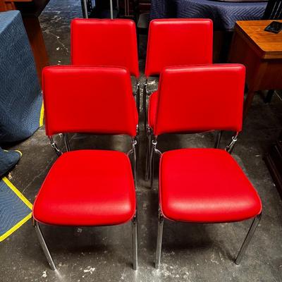 Four Red Leatherette & Chrome Chairs