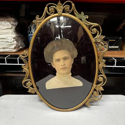 Antique Portrait in Metal Frame w/ Gold Paint, c. 1900-1910
