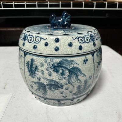 Blue and White Crackle Glazed Ceramic Lidded Jar