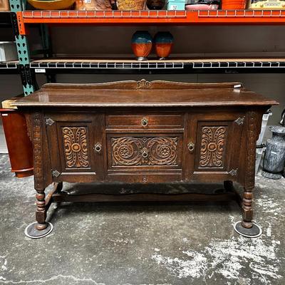 Jacobean Style Dark Oak Sideboard w/ Carved Accents