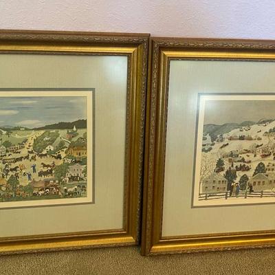 2 Framed Prints by Grandma Moses PLUS a Gold Framed Mirror 
