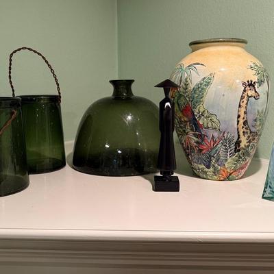 Large Hand Blown Vase And Three Jars With Distinctive Bubble Pattern, Hand Painted Vase.