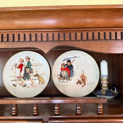 Contents Of Large Dinning Hutch Include Norman Rockwell Plates, Cut Glass Stem Ware, And More!