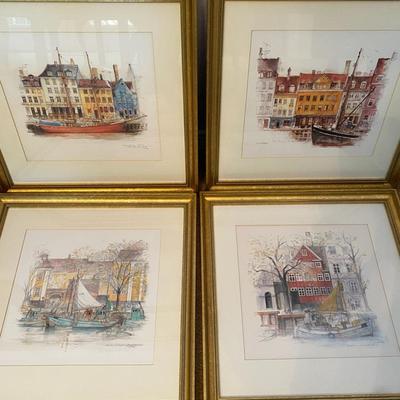 4 Framed Watercolor Prints by Artist Mads Stage - Features Scenes of Nyhavn in Copenhagen