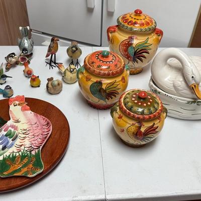 Hand Painted In Italy Rooster Canister Set, Large Goose Soup Bowl, Wooden Lazy Susan, And More!