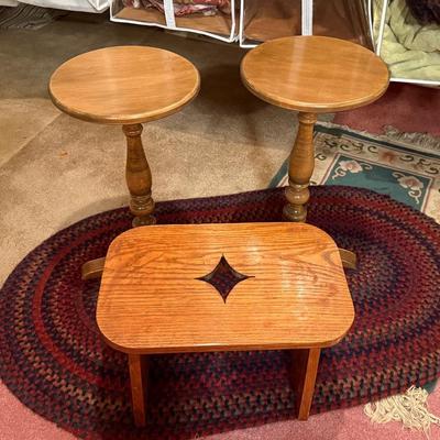 Two Pedestal Tables And A Wooden Stool