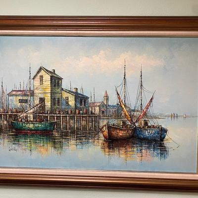 Large Mid-Century Oil Painting Featuring Harbor Scene Signed by Gentilli 