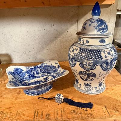 Large Blue And White Vase And Dish Collectible
