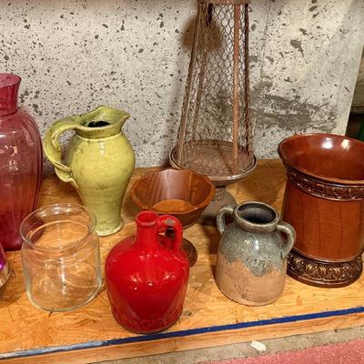 Assorted Vases In Various Sizes Including A Cranberry Glass Vase. 
