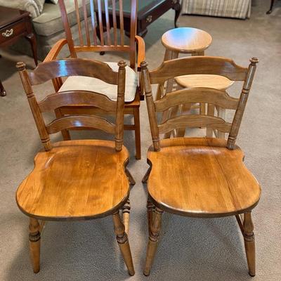3 Wooden Chairs And 2 Bar Stools