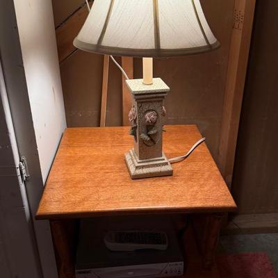 Small Nightstand With Bottom Shelf, Lamp, And DVD Player.