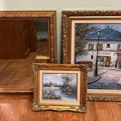 Large Mirror and Two Framed Paintings