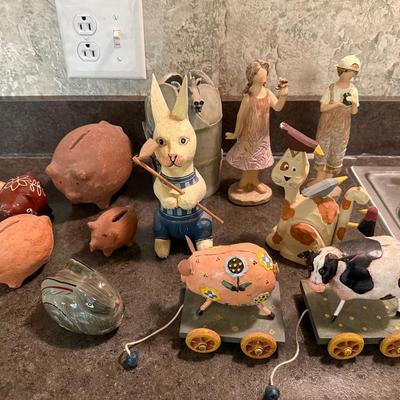 Vintage Cow And Pig Pull Toy, Clay Piggy Banks, Figurines And More