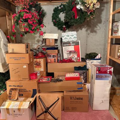 A Large Mystery Lot Of Christmas Decorations, Includes Several Trees, Wreathes And More!