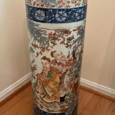 Asian Hand Painted Tall Vase Or Umbrella Stand 