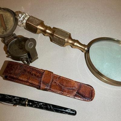 Parker 18kt Gold Pen With Magnifying Glass And Compass 