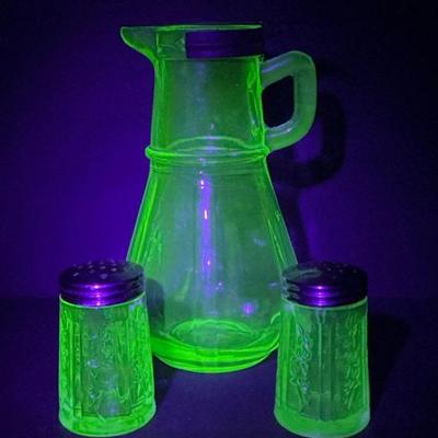 Cabbage Rose Uranium Depression Glass Shakers & Hazel Atlas Molasses Pitcher 