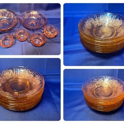 Cabbage Rose Pink Depression Glass Tea Cups, Bowls, Saucers 