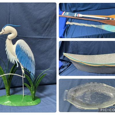 Oars, Aluminum Decor Boat, Glassbake Fish Dish, Metal Heron Sculpture