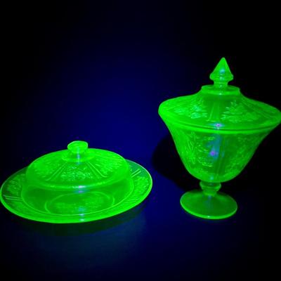 Cabbage Rose Uranium Depression Glass Lidded Dishes 