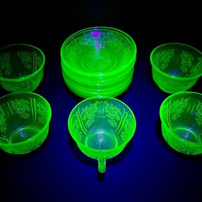 Cabbage Rose Uranium Depression Glass Teacups & Saucers 