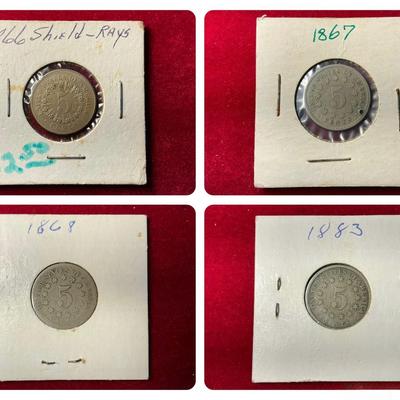 Four Shield Nickels (1866, 1867, 1868, 1883) (MMC26)