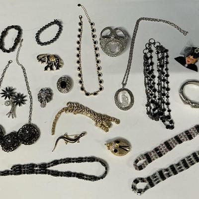 Black, Gold, & Silver Costume Jewelry incl. Articulated Tiger Brooch