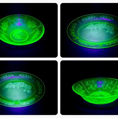 Cabbage Rose Uranium Depression Glass Serving Platters & Bowls 