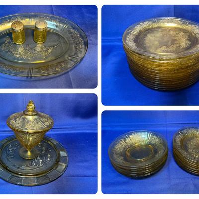 Cabbage Rose Amber Depression Glass Plates & More 