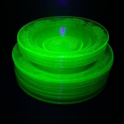 Cabbage Rose Uranium Depression Glass Plates & Bowls 