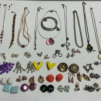 Costume Jewelry Lot With Clip On Earrings And Necklaces 