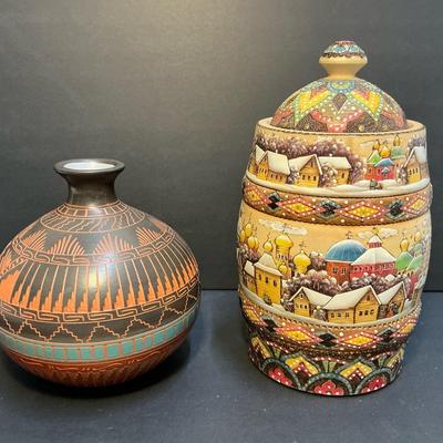 Signed Clay & Wood Pottery Pieces 