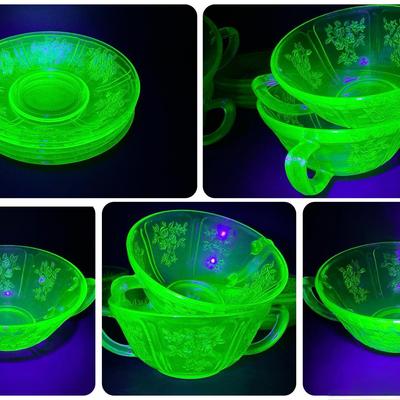 Cabbage Rose Uranium Depression Glass Soup Bowls & Saucers 